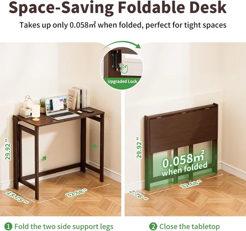 Vista 2 de Escritorio plegable de bambú, escritorios plegables para espacios pequeños, mesa de computadora plegable pequeña de 32.68 pulgadas, mesa de sofá que