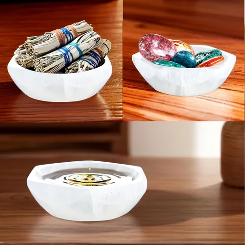 Vista 5 de Om Zone Cuenco grande de selenita pulido estación de carga de cristal de selenita para limpieza y carga, colección de cristales y piedras curativas