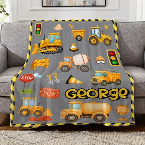 Vista 25 de Manta de Bebé Personalizada con Camiones de Construcción Personalizados Camión Volquete Mantas con Nombre para Niños y Niñas Manta Suave de Arrullo