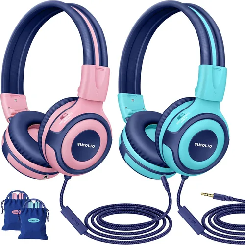 Vista 15 de SIMOLIO Auriculares para niños con 75 dB, 85 dB, 94 dB de volumen limitado y compartido, auriculares para niñas con micrófono, auriculares duraderos
