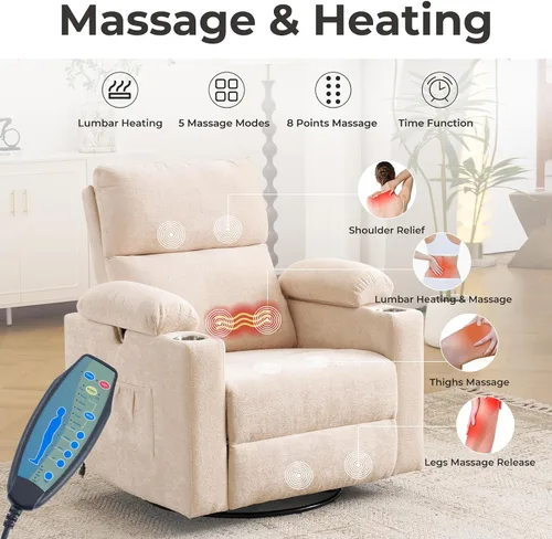 Vista 3 de Sillón reclinable eléctrico con balanceo para guardería con apoyabrazos ajustables, silla de lactancia con función de masaje y calor, reclinable