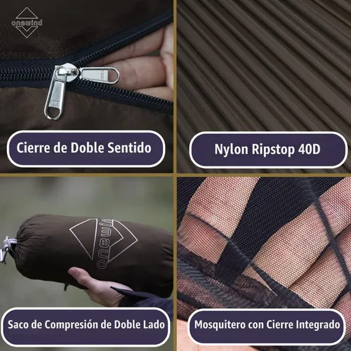 Vista 4 de Onewind Hamaca de Acampar de 11 pies con Mosquitera y Línea de Cresta Ajustable, Hamaca Doble Portátil Ligera con Correas para Árboles y Red Marrón