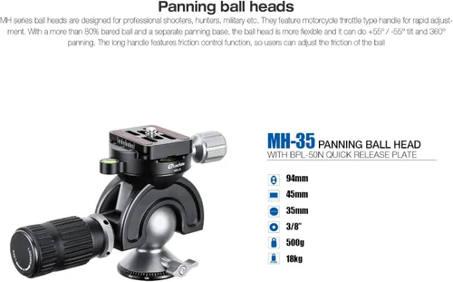 Vista 5 de Leofoto Cabezal de bola MH-35 de 1.378 in, con control de manillar, compatible con arca, ideal para tiro al blanco
