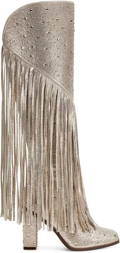 Vista 2 de CKSNDLF Botas con borlas y diamantes de imitación para mujer, punta cuadrada, tacón grueso, botas altas hasta la rodilla