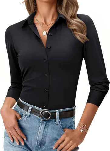 Vista 11 de Camisa con botones para mujer, ajustada, elástica, sin arrugas, para mujer, de manga larga, con cuello, blusa de trabajo para uso casual
