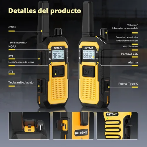 Vista 9 de Retevis RB48 Walkie Talkies avanzados de triple prueba con micrófono de hombro, MIL-STD 810H, VOX, recordatorio de vibración, PTT dual, SOS, NOAA