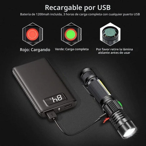 Vista 4 de Hoxida Linterna recargable LED (batería incluida), linterna LED magnética con luz lateral COB, 1200 lúmenes, LED súper brillante, impermeable