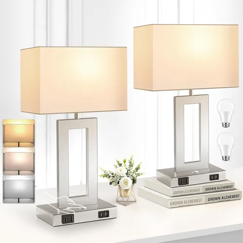 Vista 16 de Kondras Juego de 2 lámparas de mesa para dormitorios, 3 temperaturas de color, control táctil, lámparas de noche con 2 puertos USB y salida de CA