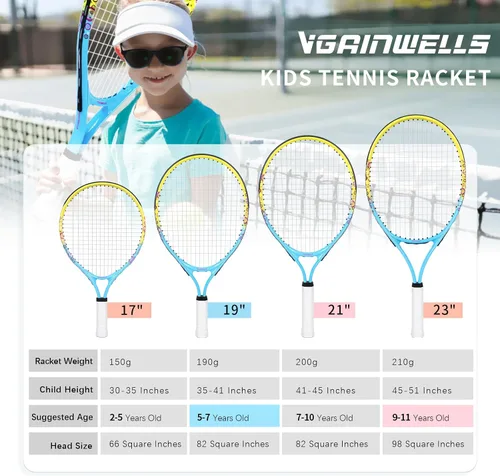 Vista 7 de Raqueta de tenis para niños de 17"-23" para edades de 2-9 años, ligera y duradera, incluye 1 raqueta de tenis para niños pequeños y 1 cintas
