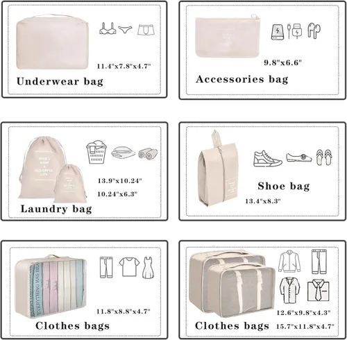 Vista 3 de Paquete de 8 cubos de embalaje para maletas, bolsa de almacenamiento de ropa y zapatos (beige)