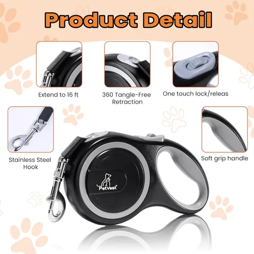 Vista 4 de Correa retráctil para perro, extensible hasta 16 pies, cinta de nailon resistente, sin enredos, freno y bloqueo con una sola mano, para perros