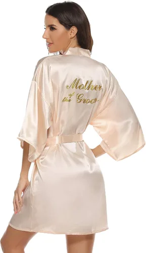 Vista 4 de Vlazom - Bata corta, kimono de satén para mujer, para novia y dama de honor, batas para fiestas de boda con brillantes dorados o diamantes