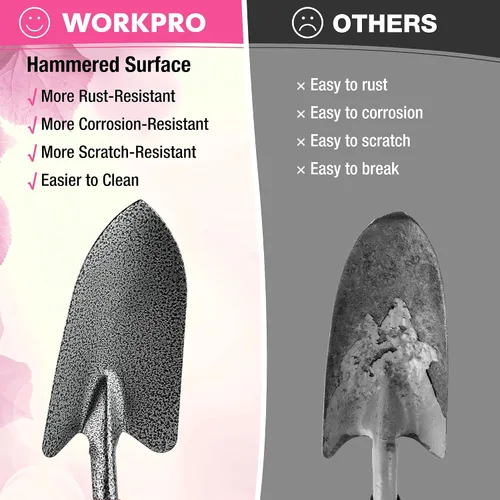 Vista 5 de WORKPRO Juego de herramientas de jardín rosa de 6 piezas, herramientas manuales de jardinería resistentes con mango de goma suave, incluyendo