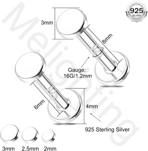Vista 6 de Melighting Aretes de hélice de plata esterlina 925 para cartílago, roscados internamente, tragus, aretes de espalda plana, 6/0.315 in, piercing