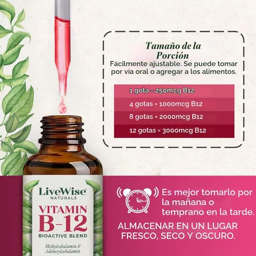 Vista 3 de Vitamina B12 Sublingual líquida – Gotas veganas de vitamina B12 líquida totalmente natural – Suplemento de adenosilcobalamina sin OMG