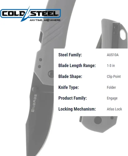Vista 6 de COLD STEEL Engage AUS10A - Cuchillo plegable táctico con mango de 4.25 pulgadas con cierre Atlas de 3 pulgadas