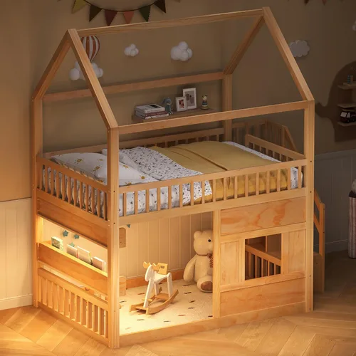 Vista 4 de Cama de casa de tamaño matrimonial con luz LED integrada y barandillas de seguridad, marco de cama de madera con escalera resistente para niños