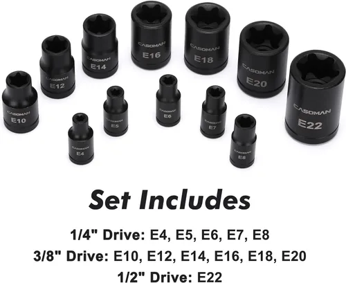 Vista 5 de CASOMAN Juego de 25 piezas de dados Torx y enchufes externos, 13 puntas de enchufe estrella (T8- T60) y 12 enchufes E-Torx hembra (E4-E22)