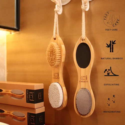 Vista 2 de ICDI ICANdOIT - Lima de bambú natural para pies, removedor de callos multiusos 4 en 1 pies, kit de pedicura con cepillo de cerdas de jabalí, piedra