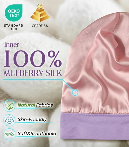 Vista 2 de OLESILK Gorro de Seda para Bebé de 0-6 Meses - Gorro de Cabello para Niños Pequeños de Seda de Morera 100%, Gorro de Noche Ajustable para Dormir