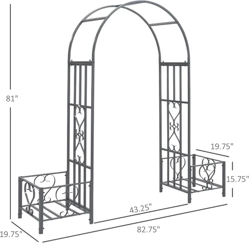 Vista 7 de Outsunny Cenador de arco de jardín de acero de 6.7 pies con corazones enrollados, jardineras para enredaderas, ceremonias, bodas, fiestas, patio
