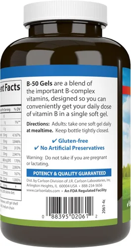 Vista 3 de Carlson B-50 Gels, Complejo de Vitamina B, Producción de Energía, 100