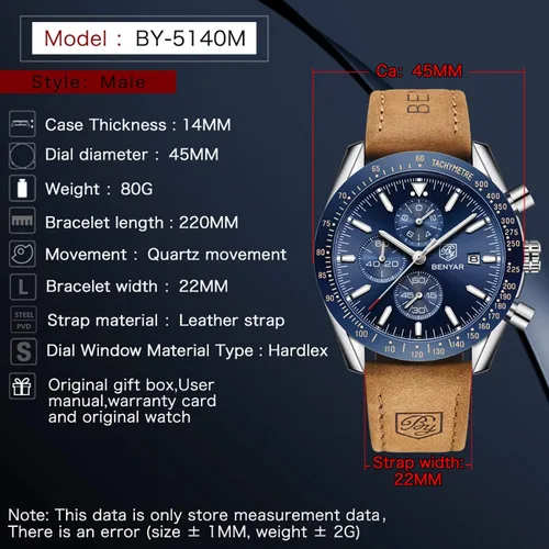 Vista 6 de BENYAR - Relojes de cuarzo para hombre, cronógrafo, de lujo, impermeables, a la moda, de cuero marrón, para hombre
