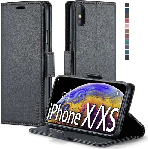 Vista 12 de japezop Funda tipo cartera compatible con iPhone Xs/iPhone X con tarjetero y bloqueo RFID, funda de cuero suave con soporte magnético y funda Negro