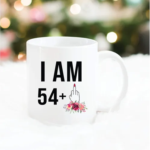 Vista 5 de Regalo de 55 cumpleaños para mujeres, 54 + un dedo medio, lindo divertido regalo para ella, taza única de Bday para mejor amiga girando 55