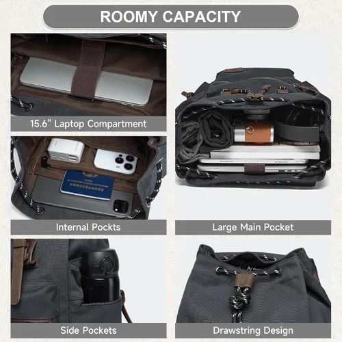 Vista 4 de MOYYI Mochila de lona para hombre para laptop de 13 a 17.3 pulgadas, mochila vintage duradera con ribete de cuero para uso diario, universidad