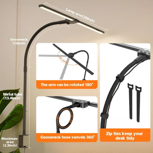 Vista 4 de Lámpara de escritorio para oficina en casa, luz de monitor de pantalla dual de 15 W con abrazadera, luz de computadora de cuello de cisne ajustable