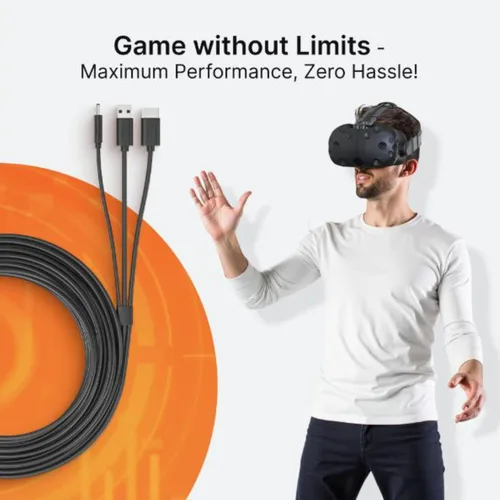 Vista 5 de Skywin Cable plano 3 en 1 compatible con HTC Vive (16 pies), cable de conexión 3 en 1 de repuesto para auriculares HTC Vive y Linkbox (negro)