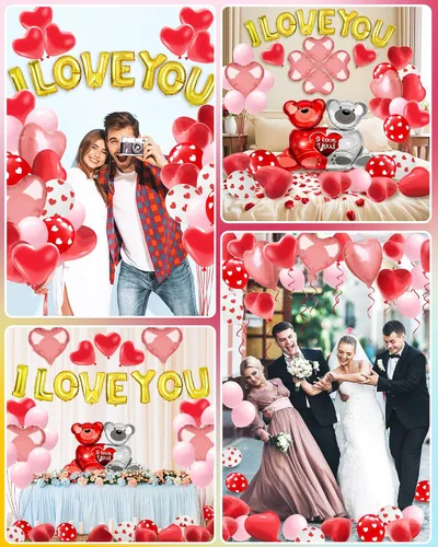 Vista 2 de Lutoys Kit de decoración de globos de San Valentín con globos "I Love You", globos de corazón con 1000 pétalos de rosa roja de seda para el día