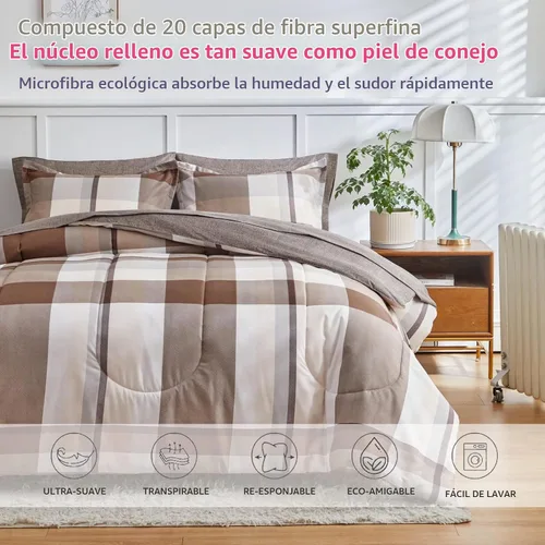 Vista 6 de AIKASY - Juego de 7 piezas de edredón reversible de microfibra suave para todas las estaciones, diseño de cuadros marrones, tamaño Queen