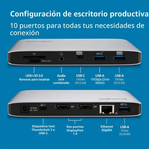 Vista 2 de Kensington SD2480T Thunderbolt 3 y USB-C Dual 4K Estación de acoplamiento con lector de tarjetas PD, SD y Micro SD de 60 W, para Windows y MacBooks