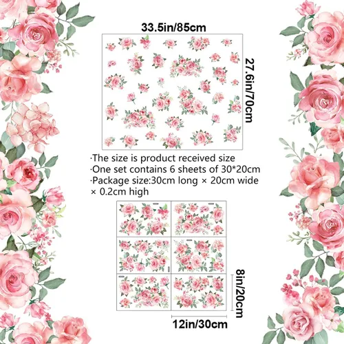 Vista 2 de Calcomanías de pared de flores rosas y hojas verdes, calcomanías de pared extraíbles para jardín para dormitorio y sala de estar