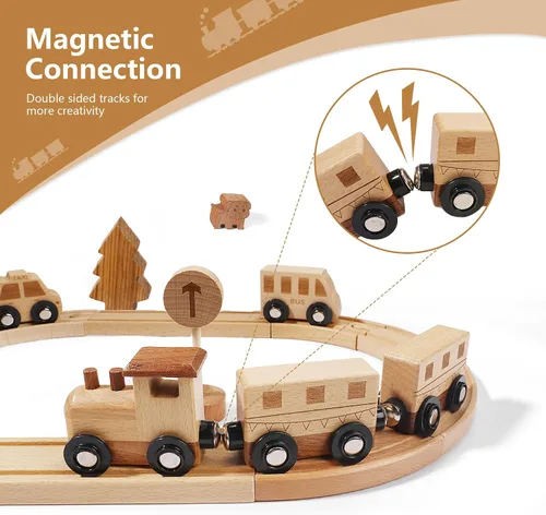 Vista 5 de Juego de tren de madera Montessori juguetes para niños fomentan el juego imaginativo y las habilidades motoras finas, pistas de tren de doble cara