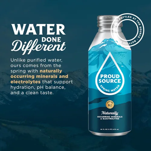 Vista 2 de Proud Source Agua alcalina de manantial, agua mineral de origen Rocky Mountain con electrolitos, botellas de aluminio infinitamente reciclables sin