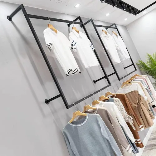 Vista 3 de zktoermn Perchero de ropa montado en la pared, estante industrial de metal para ropa, estante de doble barra para colgar ropa, estante de tubería