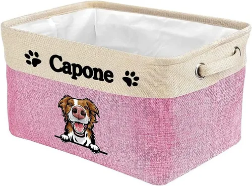 Vista 12 de Cesta de almacenamiento plegable personalizada con lindo borde de perro, plegable y resistente de tela resistente para juguetes de mascotas, cubo