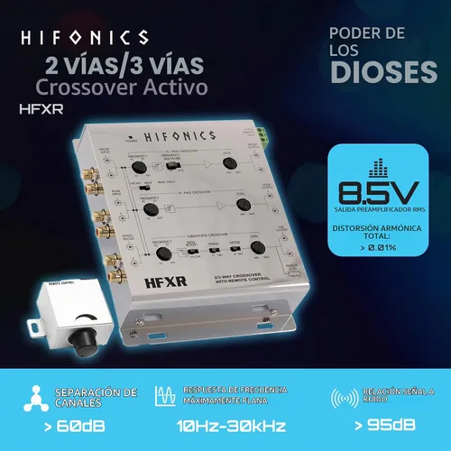 Vista 2 de Hifonics HFXR Crossover activo de 2 vías/3 vías, crossover de audio para automóvil con control remoto de graves