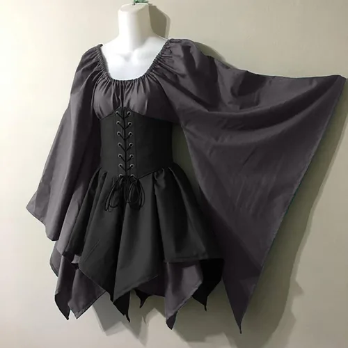 Vista 2 de SHOPESSA Disfraz medieval renacentista para mujer, vestido de corsé pirata, manga acampanada, vestido corto irlandés tradicional