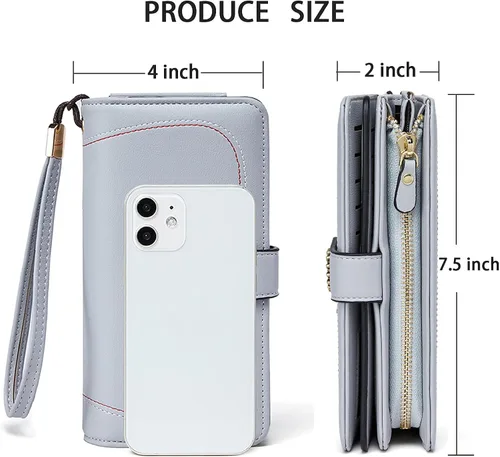 Vista 4 de OPAGE Cartera de cuero de gran capacidad para mujer con bloqueo RFID y cremallera alrededor