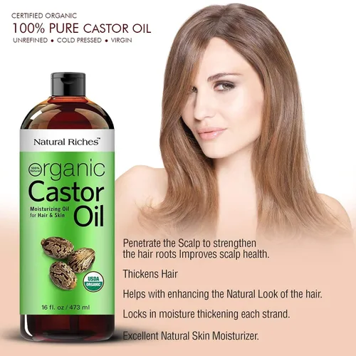 Vista 5 de Natural Riches Aceite de ricino orgánico, prensado en frío, certificado USDA para el crecimiento del cabello, pestañas más gruesas, cejas, hidrata