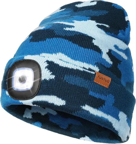 Vista 18 de Gorro LED con la luz, unisex, linterna frontal recargable por USB, gorro de punto de invierno, regalos para hombres, papá, esposo, él Azul Oscuro