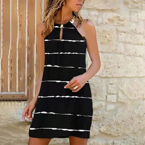 Vista 2 de Holzkary Vestido largo negro para mujer, vestido de verano casual con volantes, vestido midi de verano, acampanado, sin mangas, con dobladillo