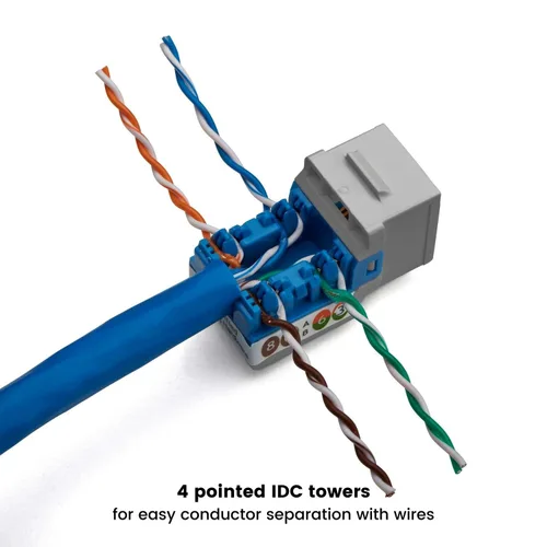 Vista 118 de TRUE CABLE Conector Keystone Cat5e, sin blindaje (UTP), perforado de 90 grados, PoE++ (4PPoE) 100W, certificación UL, verificado ETL, certificado
