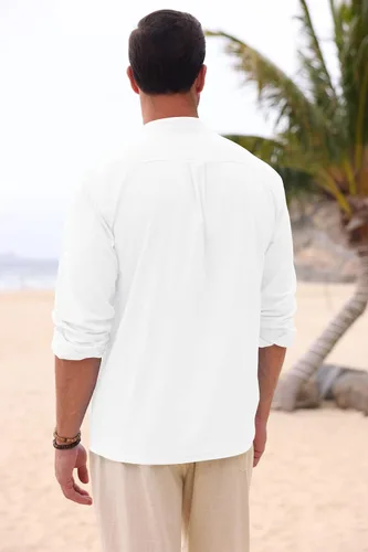 Vista 4 de Pengfei Camisas casuales de lino de algodón para hombre, estilo guayabera, con botones, manga larga, para la playa