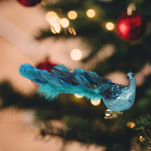 Vista 3 de Adornos de Navidad 2023, plumas de pavo real, pavo real con adorno de purpurina con clip, decoraciones de pájaros falsos para árboles de Navidad