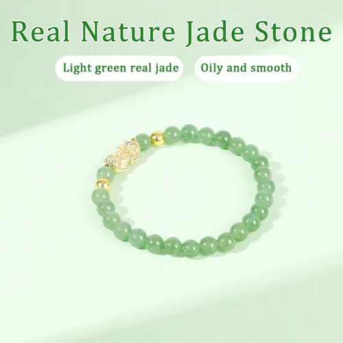 Vista 6 de Feng Shui Wealth Lucky Bracelet with Light Green Real Jade Bracelet for Women Men, 24K Gold Plated PiXiu Dragon Protection Bracelet Mantra Prayer